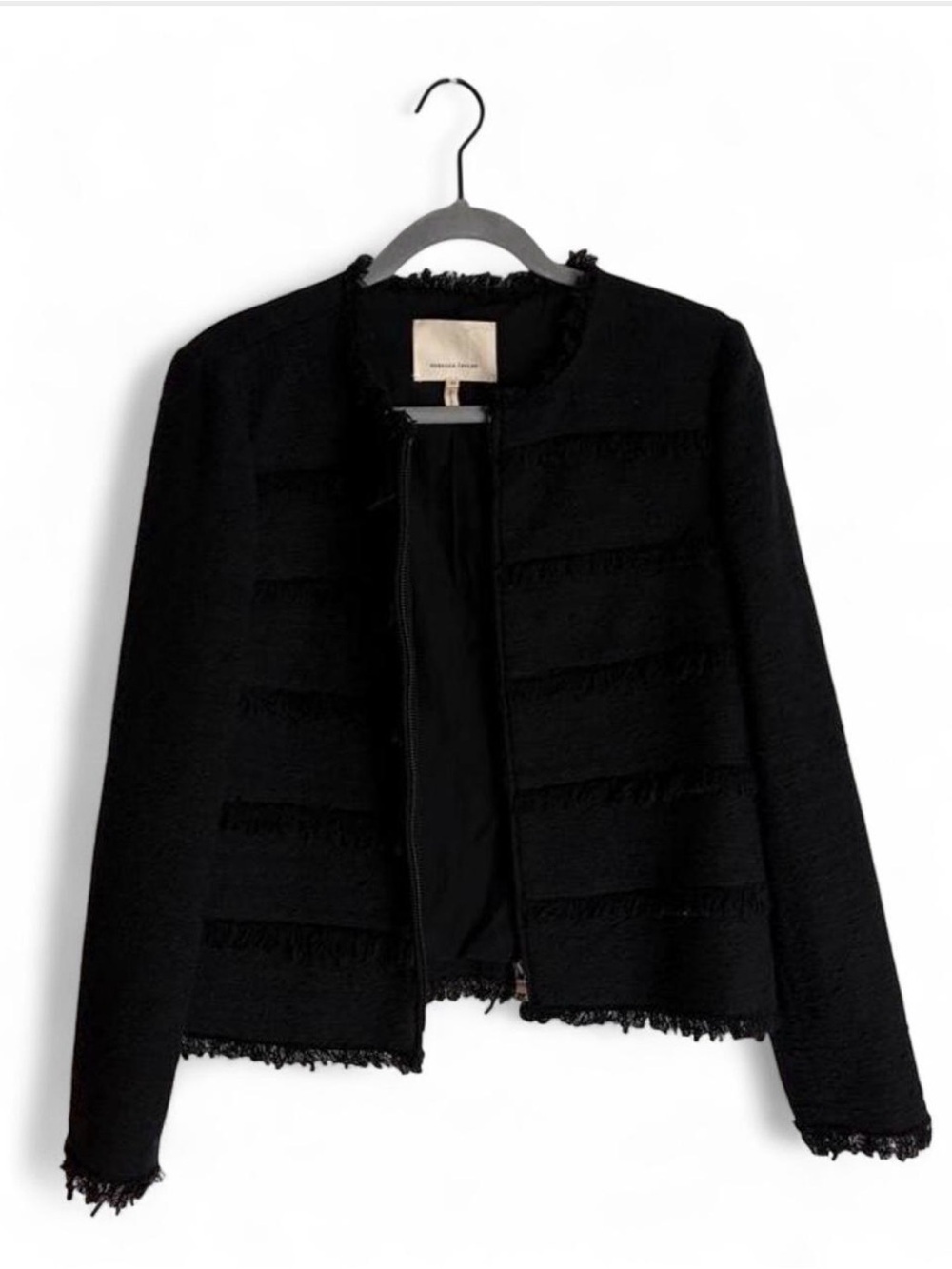 Rebecca Taylor Black Fringe-Trim Open-Front Cropped Jacket